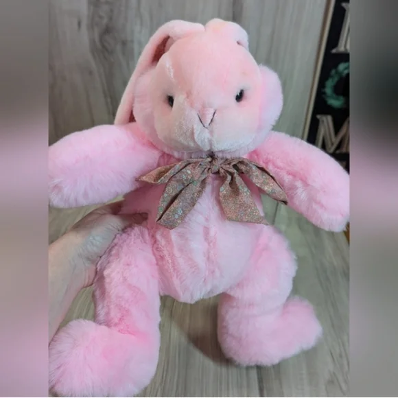Vintage 80s Pink EASTER Bunny Stuffed Animal Plush Quilted Ears, Feet & Bow 25" - Picture 4 of 12